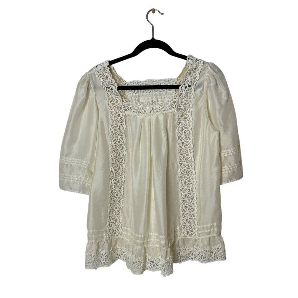 BCBG Maxazria 100% Silk Ivory Lace Blouse Boho Coastal Cowgirl